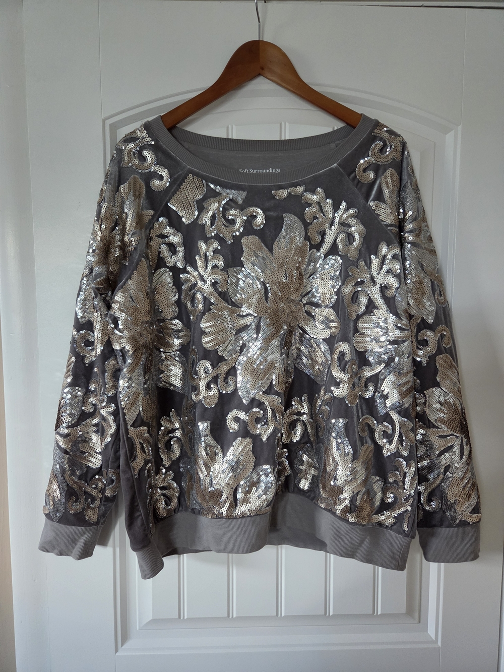 Soft Surroundings Gray Sweatshirt with Silver Sequin Floral Embellishment